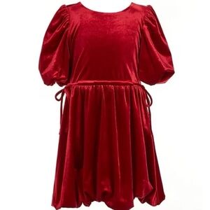 GB Social Little Girls  Red Velvet Round Neck Short Bubble Sleeve Dress size 6